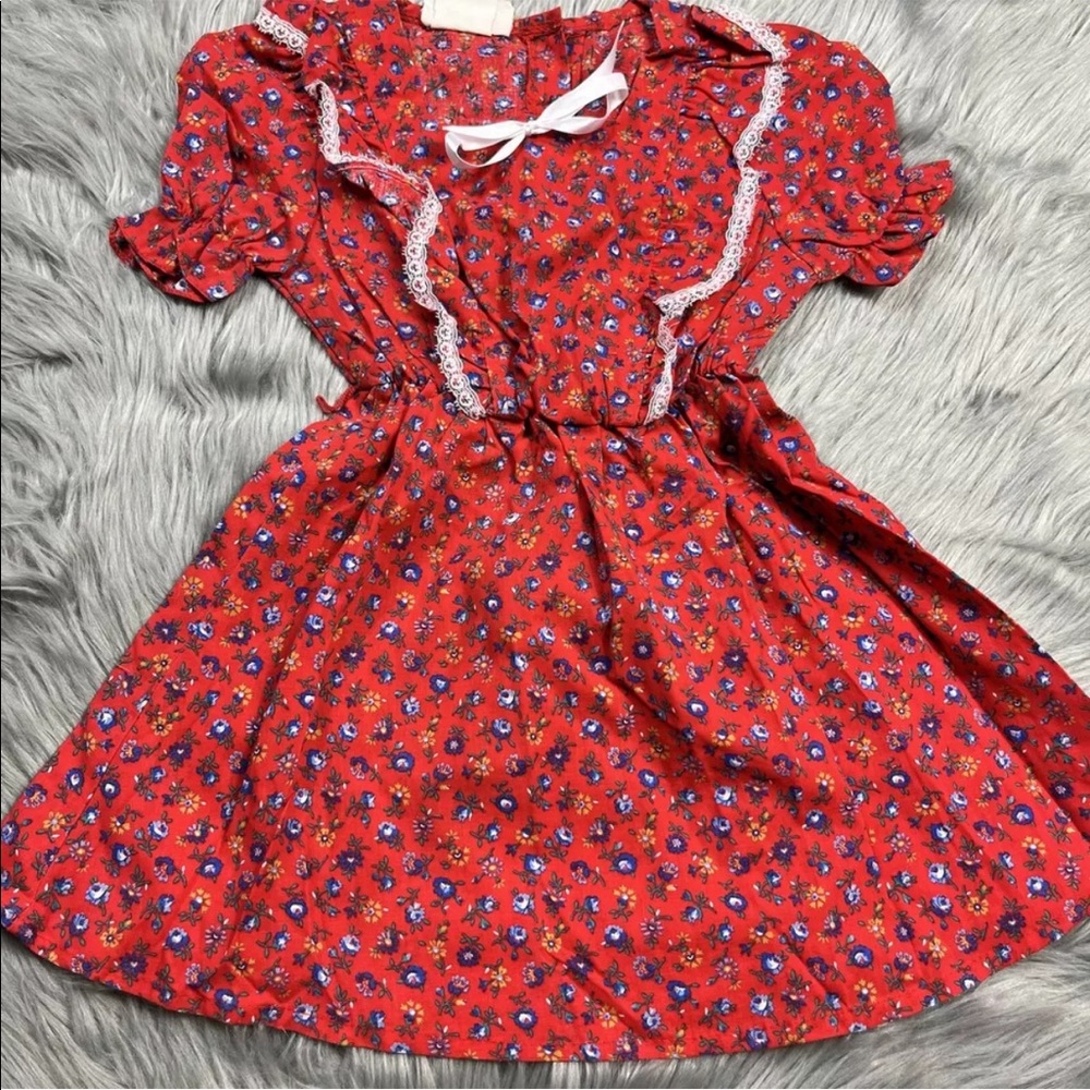 Vintage Toddler Girls Red Blue Floral Ruffle Dress